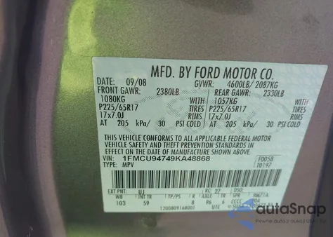 2009 Ford Escape Limited z USA, uszkodzony, nr VIN 1FMCU94749KA48868